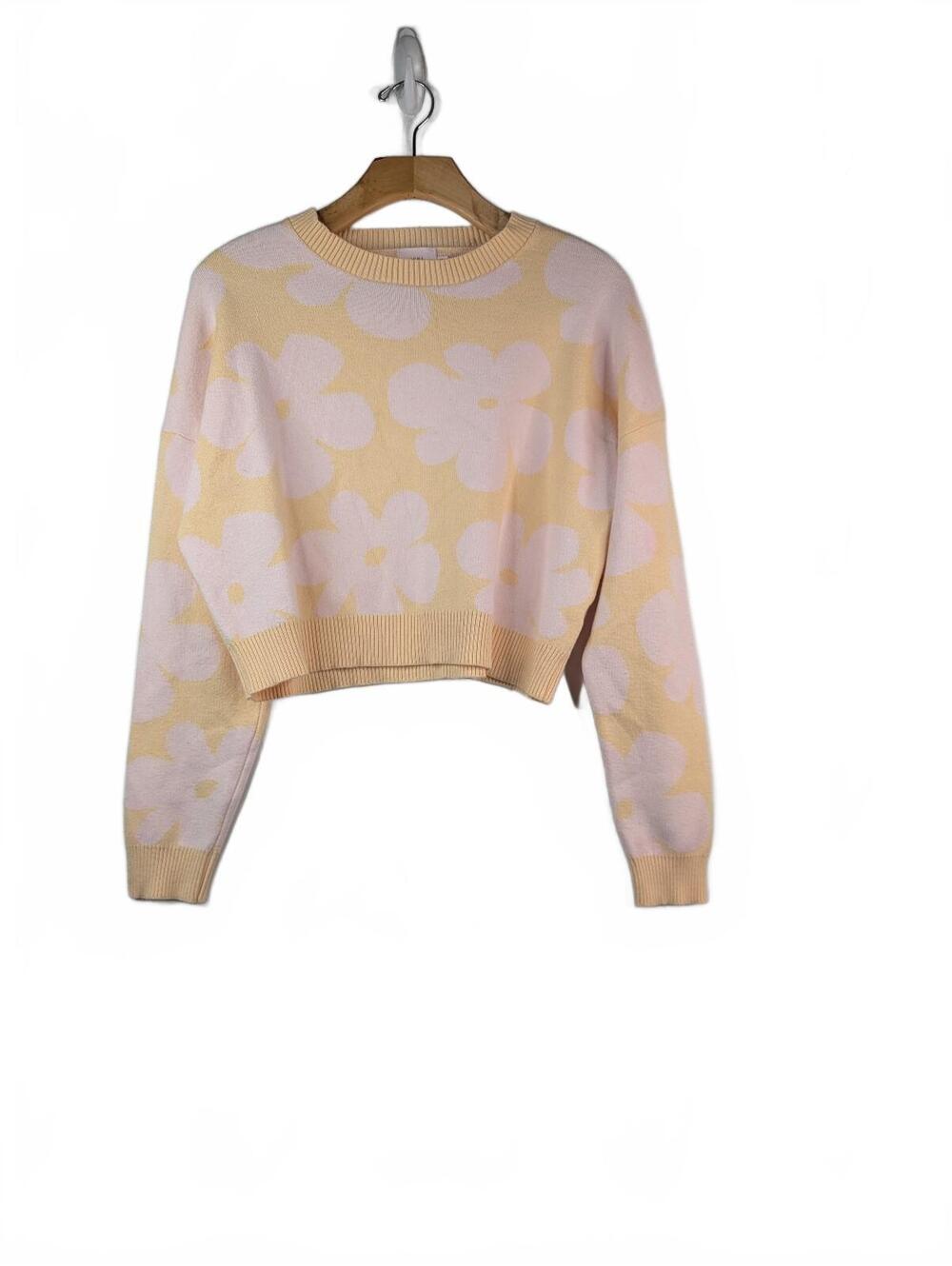 Luna Ivy Light Yellow Floral Knit Cropped Pullover Sweater Size S